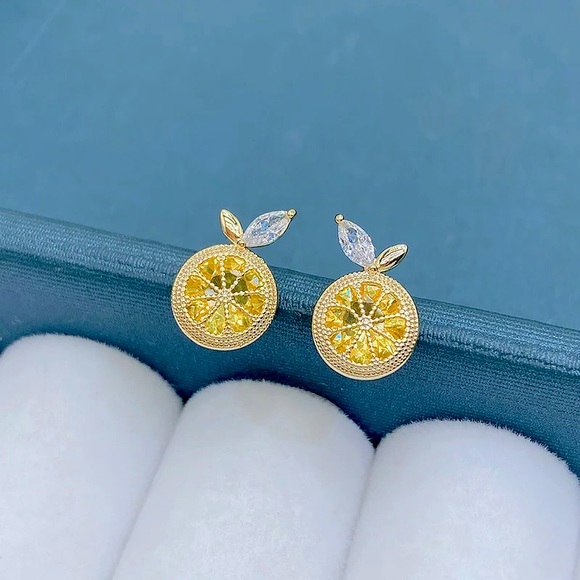 Jeweled Orange Diamond Fruit Gold Stud Minimalist Dainty Luxury Unique Earrings - Picture 2 of 8